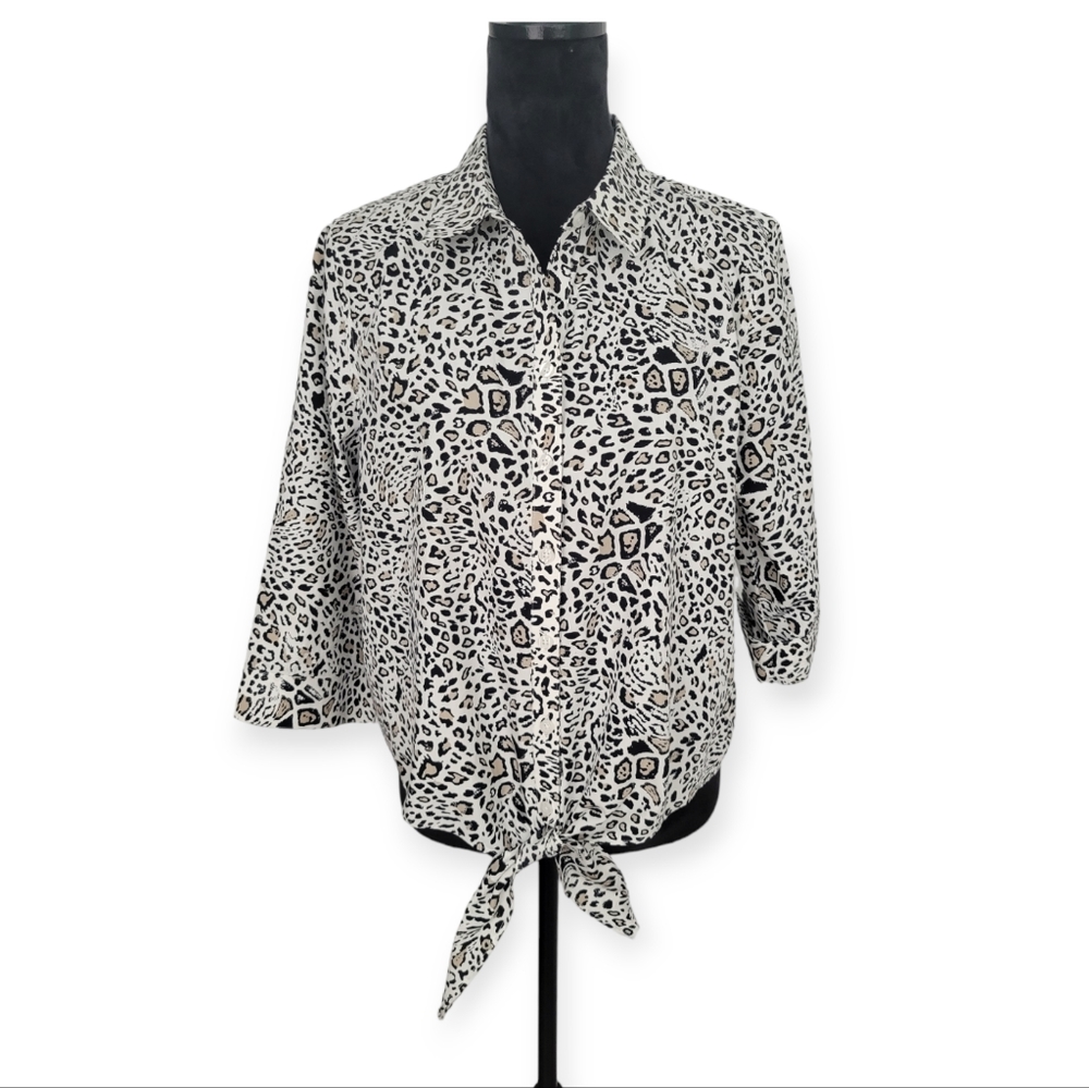 Chico's Size 2 Leopard Button and Front Tie Top